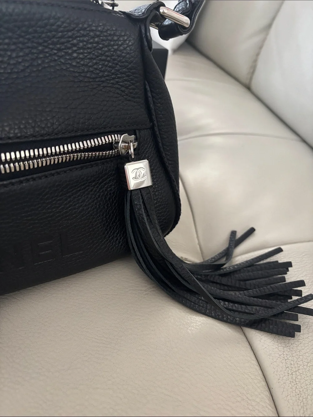 CHANEL Black Pebbled Leather Shoulder Bag with Tassel Zip